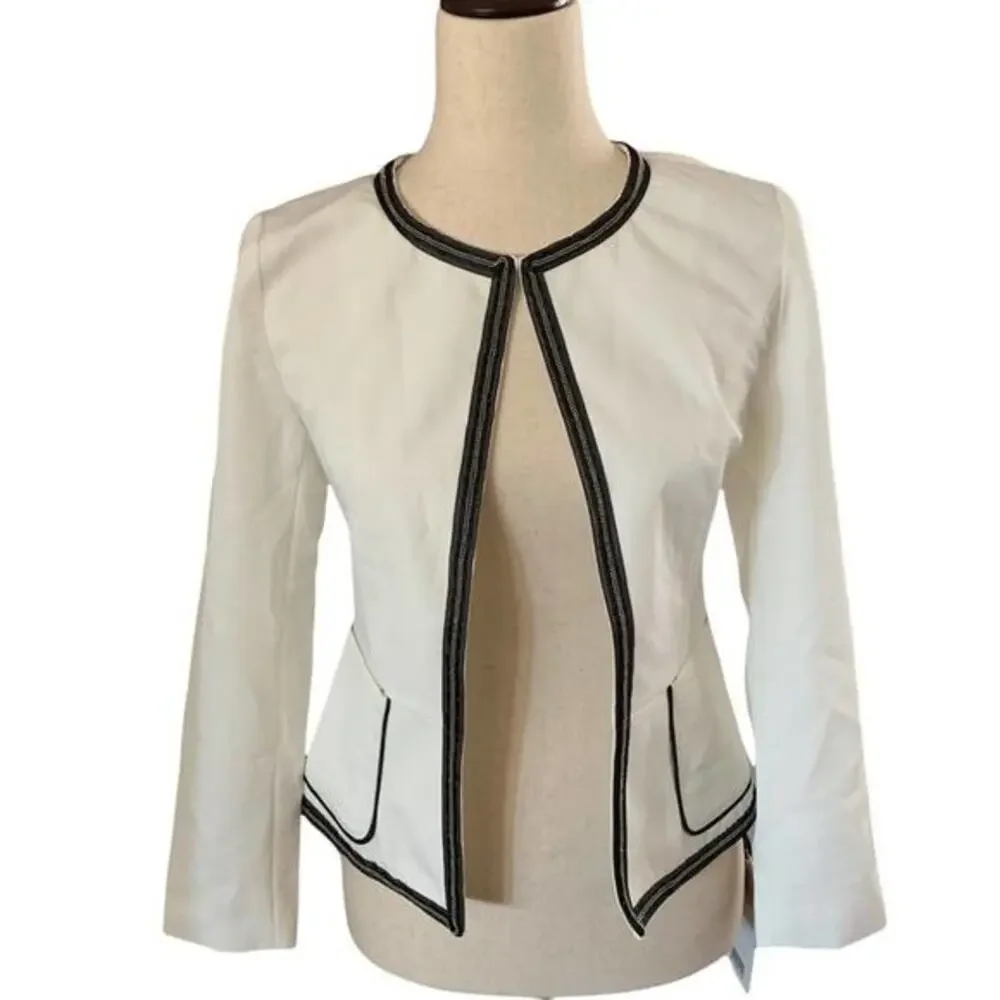 Yimei Blazer Women Size S White New Contrast Trim Collarless Open Front BL9L401C - Picture 2 of 7